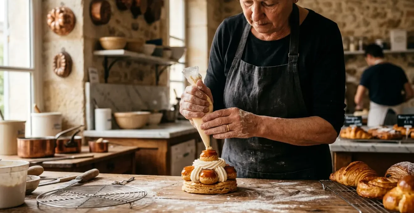 Artisan pâtissier préparant des pâtisseries traditionnelles françaises dans un atelier artisanal