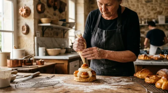 Artisan pâtissier préparant des pâtisseries traditionnelles françaises dans un atelier artisanal