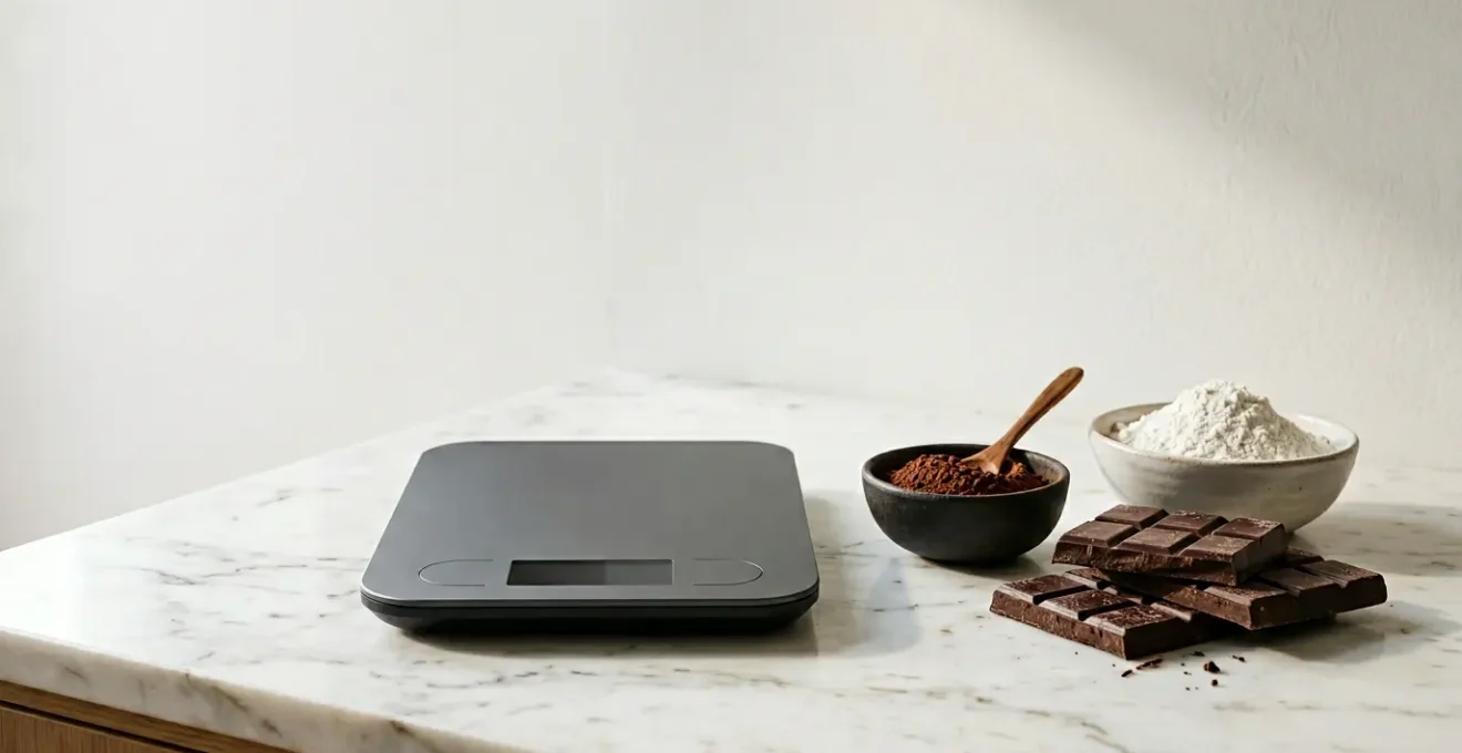 Balance électronique de précision dans un environnement de pâtisserie au chocolat avec espace négatif