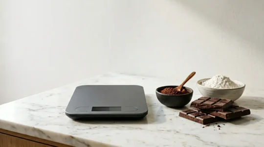 Balance électronique de précision dans un environnement de pâtisserie au chocolat avec espace négatif