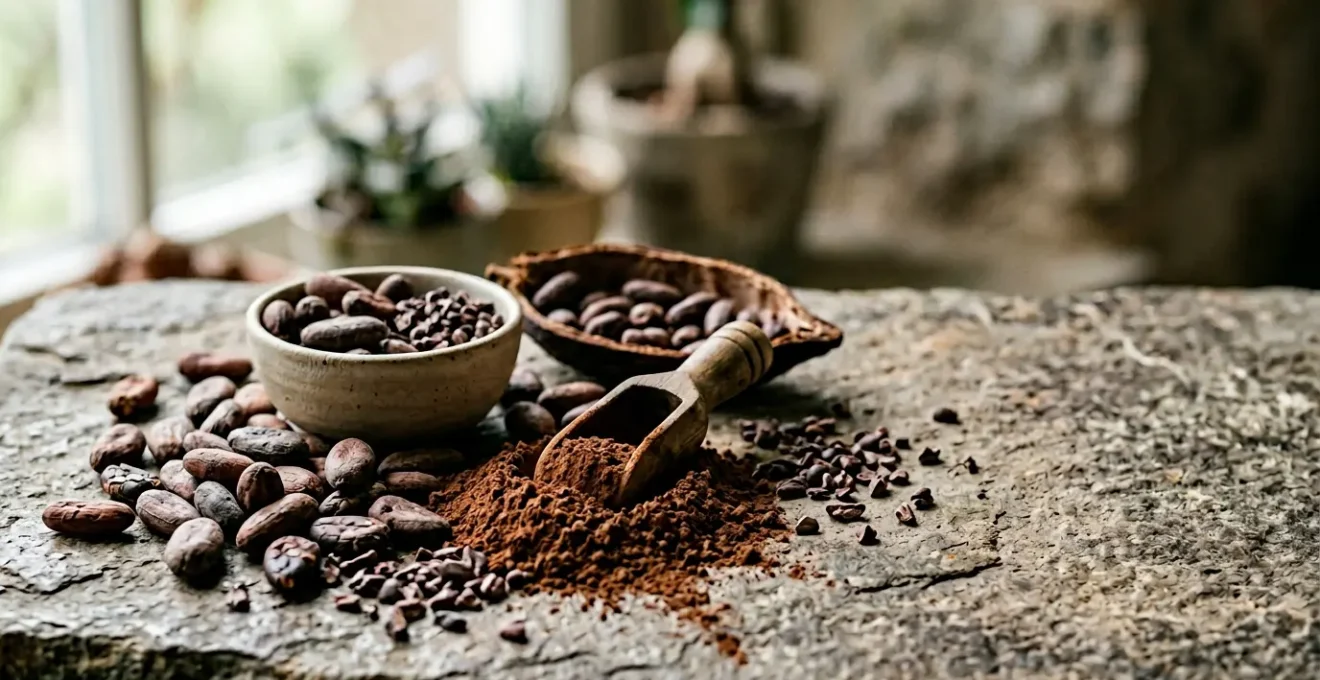 Fèves de cacao grand cru disposées artistiquement avec leurs notes aromatiques naturelles