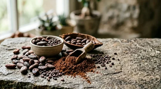 Fèves de cacao grand cru disposées artistiquement avec leurs notes aromatiques naturelles