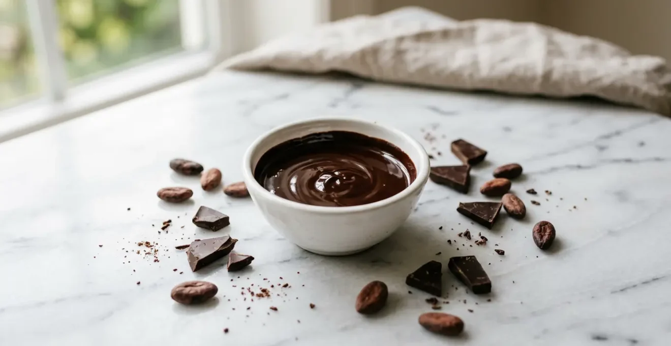 Chocolat noir fondu coulant lisse et brillant dans un bol, éclairage naturel doux