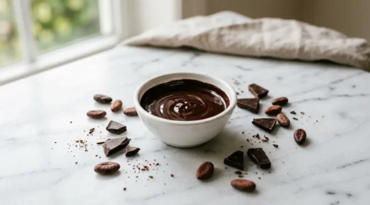 Chocolat noir fondu coulant lisse et brillant dans un bol, éclairage naturel doux