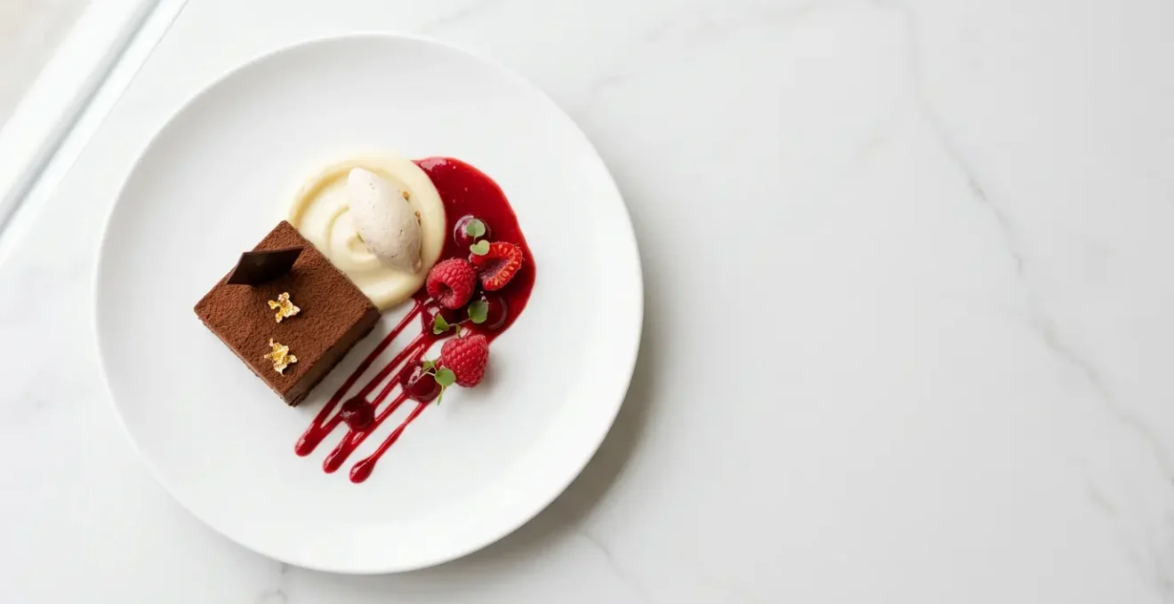 Composition minimaliste d'un dessert au chocolat présenté selon la règle des tiers avec un équilibre visuel parfait des couleurs et des formes