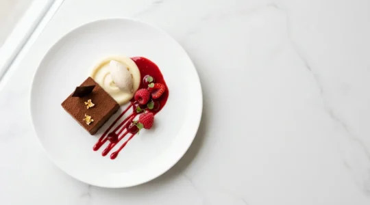 Composition minimaliste d'un dessert au chocolat présenté selon la règle des tiers avec un équilibre visuel parfait des couleurs et des formes