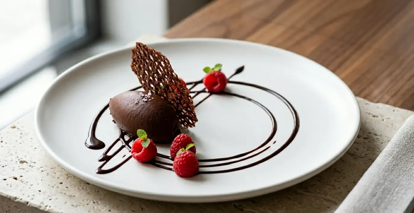 Dessert au chocolat élégamment dressé sur assiette blanche avec composition visuelle équilibrée