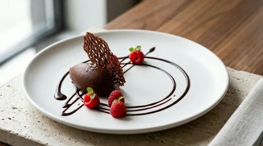 Dessert au chocolat élégamment dressé sur assiette blanche avec composition visuelle équilibrée