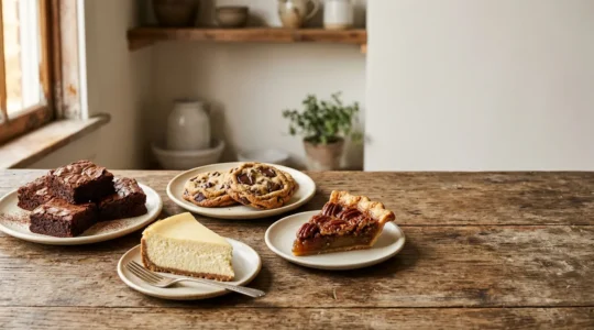 Assortiment de desserts américains traditionnels présentés sur une table rustique en bois