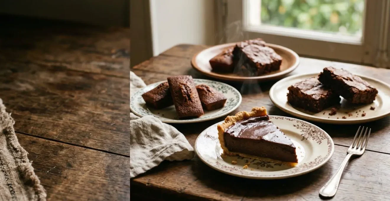 Assortiment de desserts au chocolat traditionnels français disposés sur une surface vintage