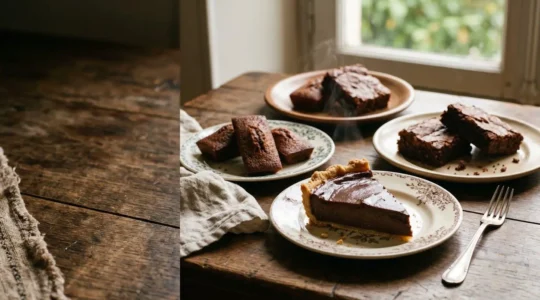 Assortiment de desserts au chocolat traditionnels français disposés sur une surface vintage
