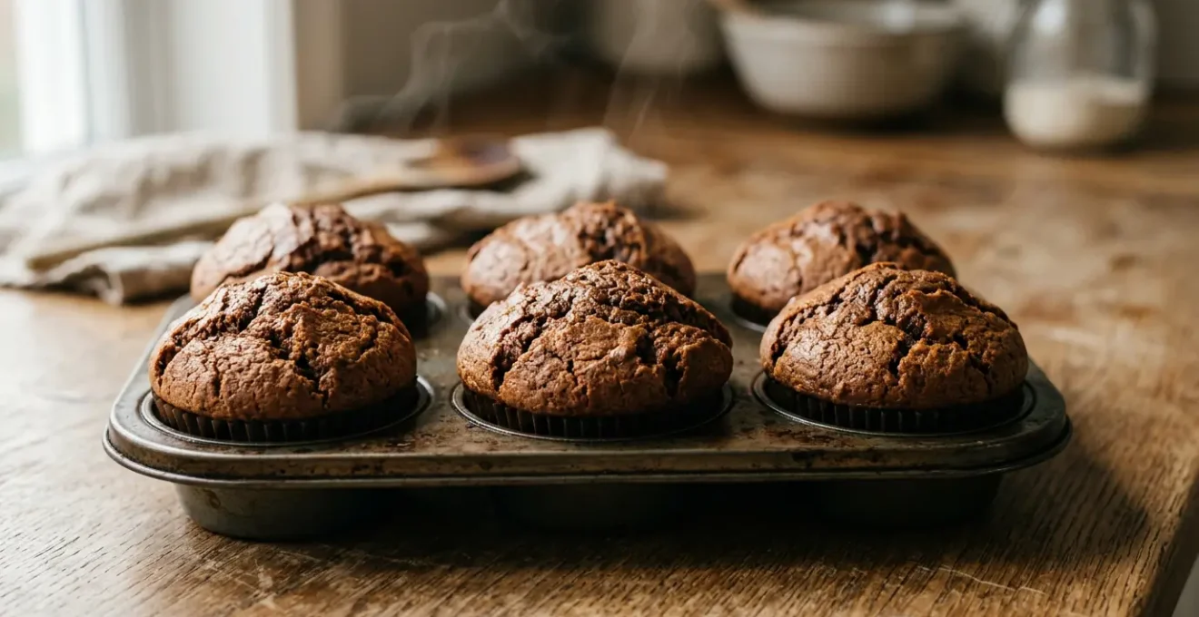 Muffins au chocolat fraichement sortis du four avec un dome dore parfait obtenu grace au choc thermique