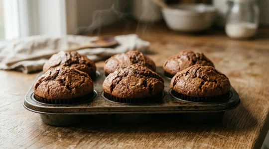 Muffins au chocolat fraichement sortis du four avec un dome dore parfait obtenu grace au choc thermique