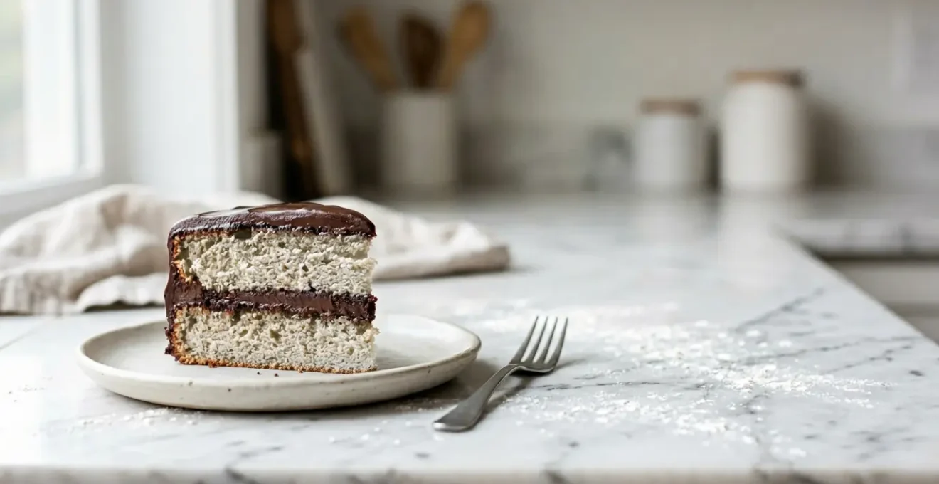 Gâteau au chocolat noir avec mie très blanche créant un contraste saisissant sur une surface en marbre