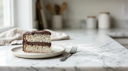 Gâteau au chocolat noir avec mie très blanche créant un contraste saisissant sur une surface en marbre