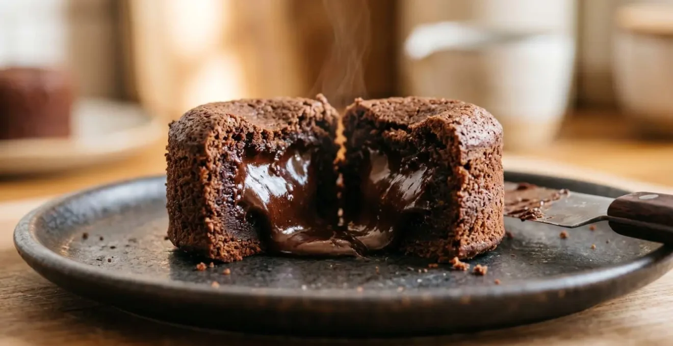 Fondant au chocolat coupé révélant un cœur liquide coulant contrastant avec les bords cuits