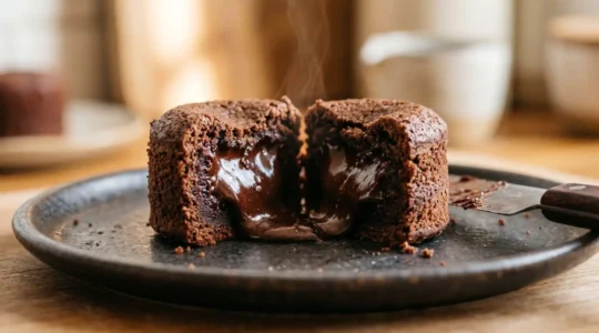 Fondant au chocolat coupé révélant un cœur liquide coulant contrastant avec les bords cuits