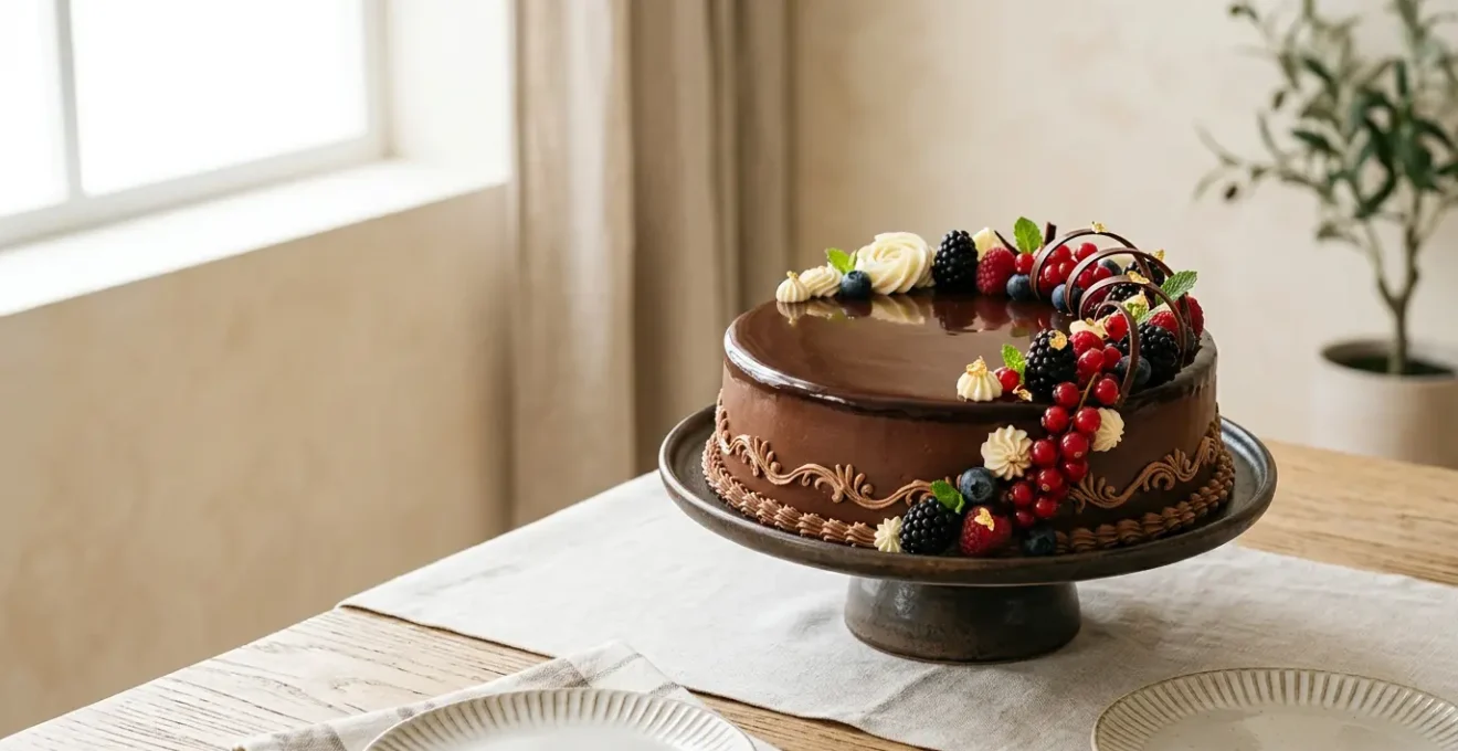Gâteau au chocolat élégamment décoré avec des détails raffinés et une présentation créative