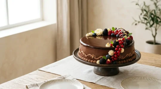 Gâteau au chocolat élégamment décoré avec des détails raffinés et une présentation créative