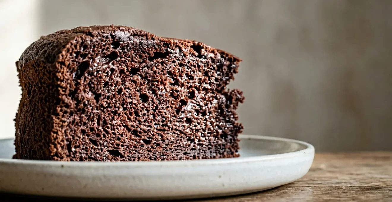 Gâteau au chocolat à la mie aérienne et fondante coupé en deux révélant sa texture moelleuse parfaite