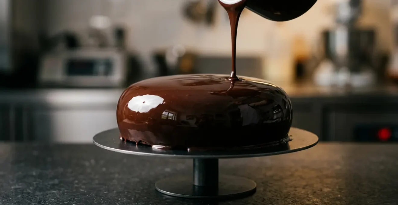 Glaçage miroir au chocolat ultra brillant sur entremets congelé avec reflet parfait
