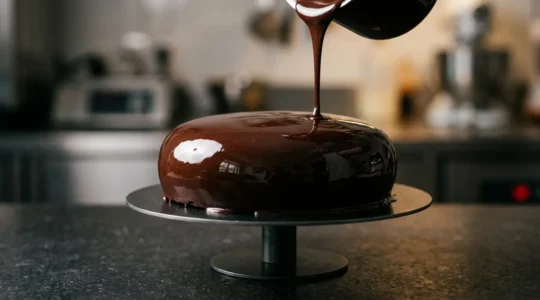 Glaçage miroir au chocolat ultra brillant sur entremets congelé avec reflet parfait