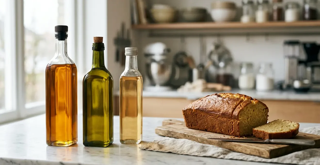 Scène de pâtisserie professionnelle avec différentes bouteilles d'huiles végétales et un gâteau moelleux