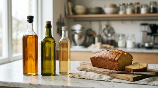 Scène de pâtisserie professionnelle avec différentes bouteilles d'huiles végétales et un gâteau moelleux