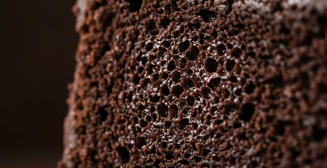 Gros plan d'une tranche de gâteau au chocolat avec une mie ultra-fine et aérienne
