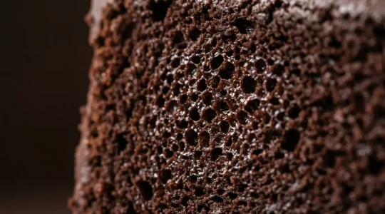 Gros plan d'une tranche de gâteau au chocolat avec une mie ultra-fine et aérienne