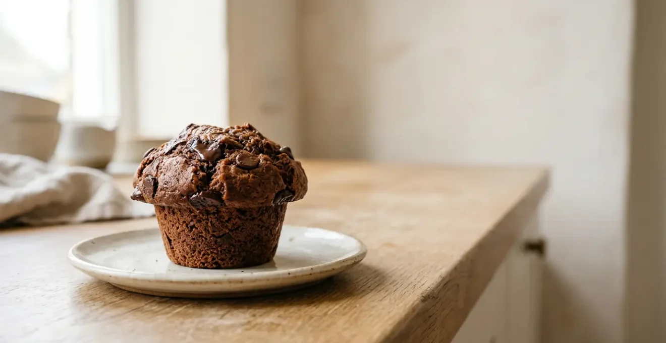 Muffin au chocolat avec un dôme parfaitement bombé et doré sur fond minimaliste