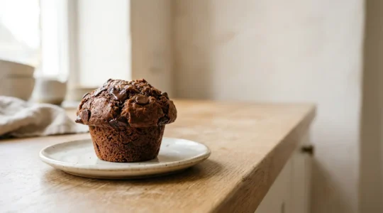 Muffin au chocolat avec un dôme parfaitement bombé et doré sur fond minimaliste