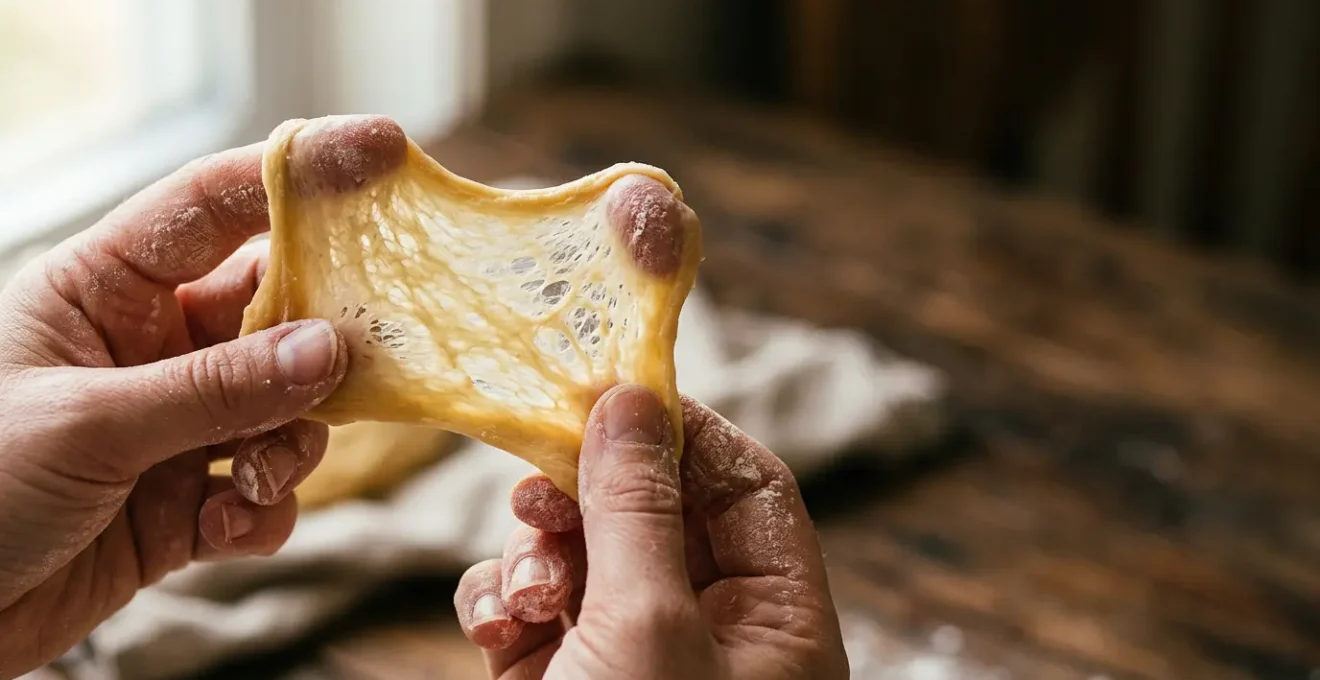 Pâte à brioche élastique en train d'être étirée entre les mains d'un boulanger pour tester l'élasticité du gluten
