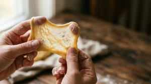 Pâte à brioche élastique en train d'être étirée entre les mains d'un boulanger pour tester l'élasticité du gluten
