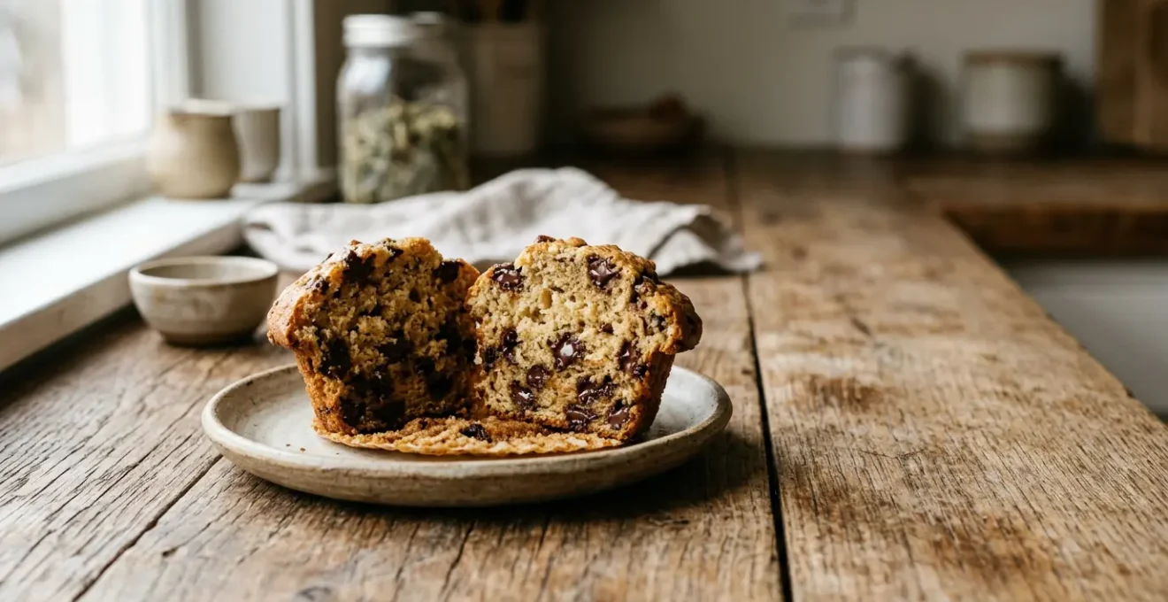 Muffins au chocolat en coupe montrant la répartition parfaite des pépites dans la pâte dorée