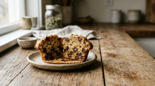 Muffins au chocolat en coupe montrant la répartition parfaite des pépites dans la pâte dorée
