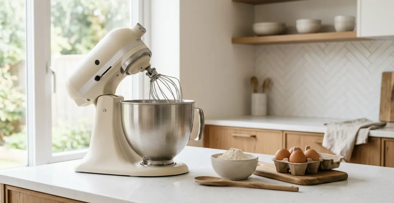 Robot pâtissier sur plan de travail de cuisine avec ingrédients de pâtisserie