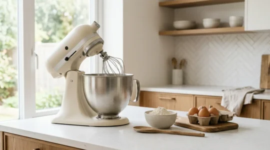 Robot pâtissier sur plan de travail de cuisine avec ingrédients de pâtisserie