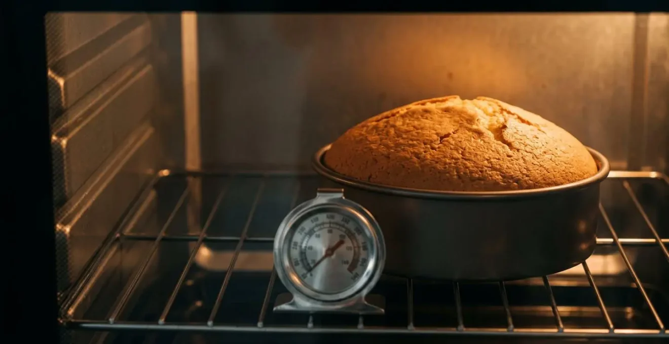 Gâteau en cours de cuisson dans un four professionnel avec un thermomètre précis indiquant la température exacte