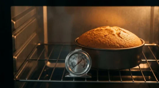 Gâteau en cours de cuisson dans un four professionnel avec un thermomètre précis indiquant la température exacte