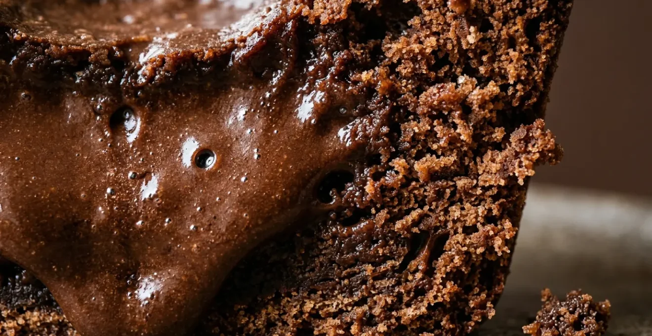 Gros plan d'une texture de fondant au chocolat ultra-lisse et brillante révélant sa composition crémeuse