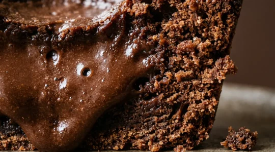 Gros plan d'une texture de fondant au chocolat ultra-lisse et brillante révélant sa composition crémeuse