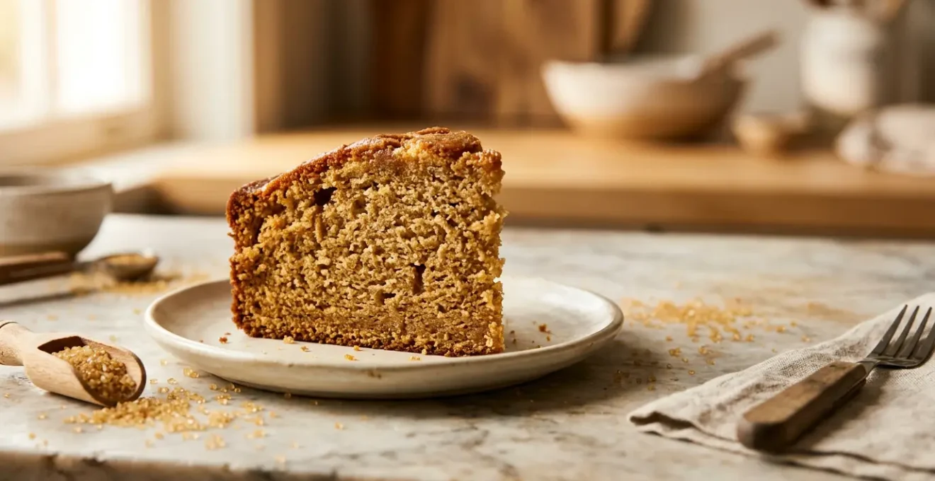 Gâteau artisanal moelleux à la cassonade avec texture fondante et arômes caramélisés