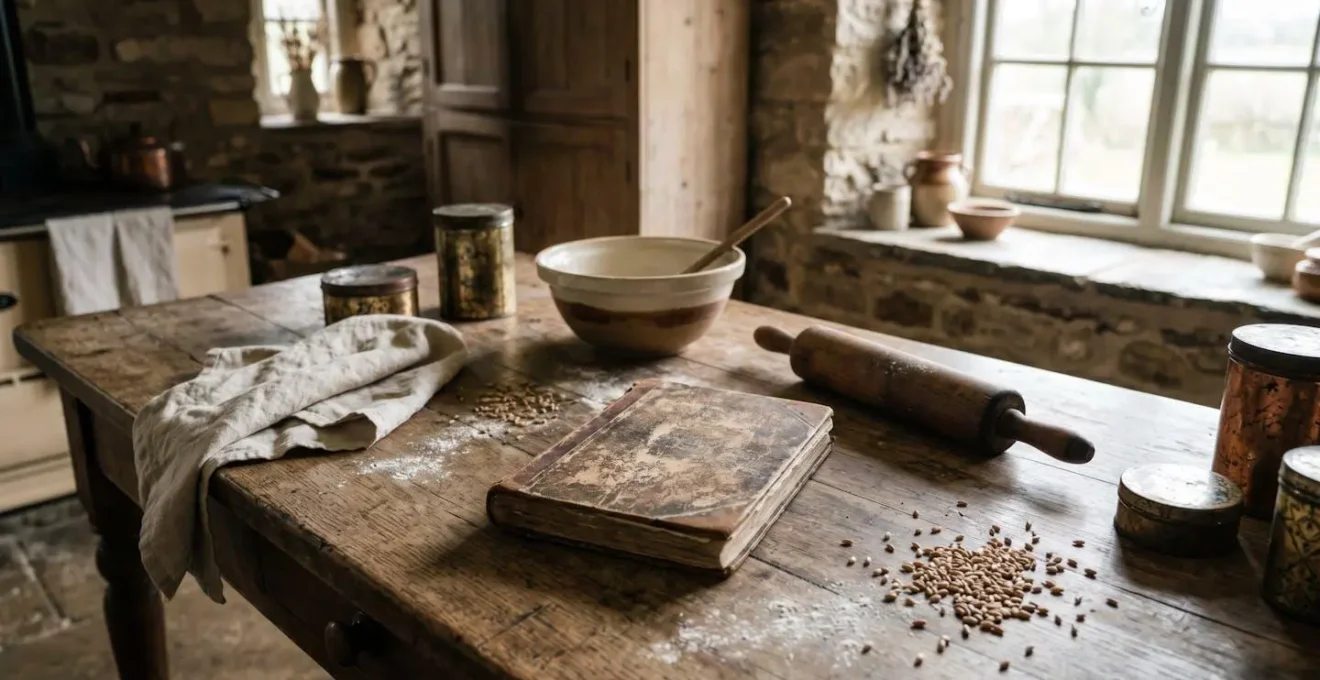 Vieux livre de recettes familiales ouvert sur une table en bois avec des notes manuscrites
