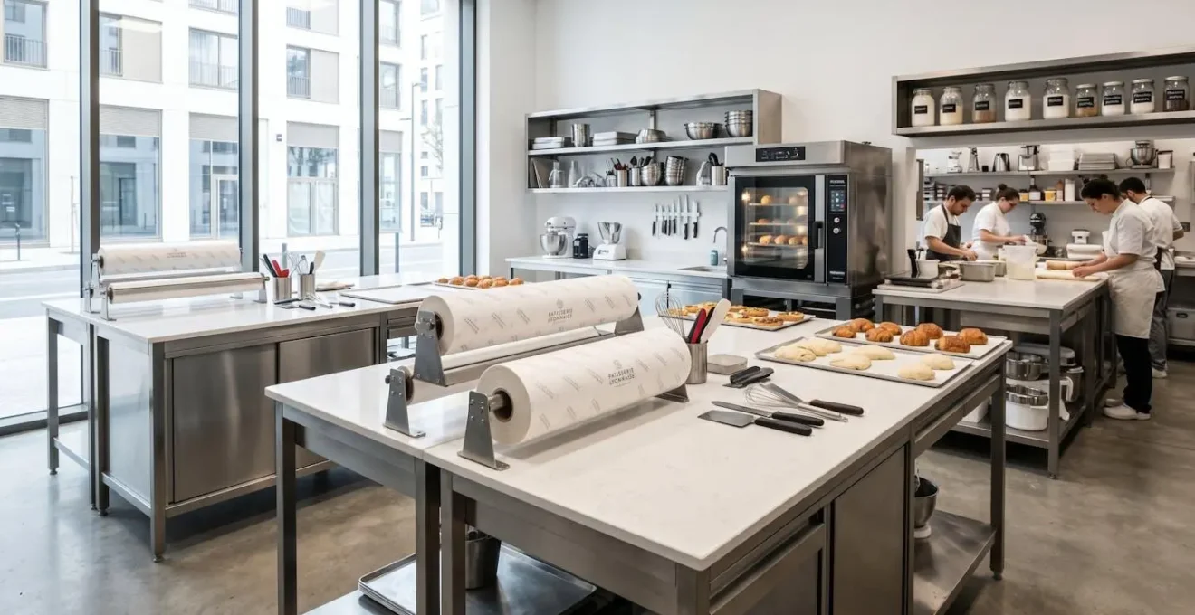 Vue large d'un atelier de pâtisserie moderne et lumineux avec plan de travail propre et rouleaux de papiers alimentaires personnalisés disposés