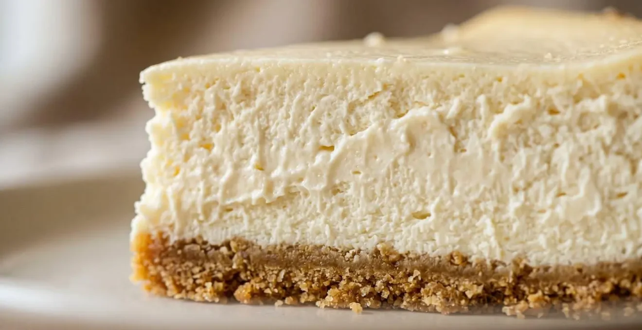 Gros plan sur la texture onctueuse d'une part de cheesecake new-yorkais avec sa croûte de biscuits