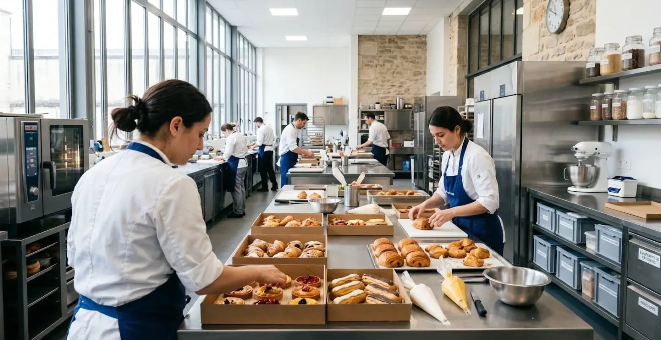 Un chef pâtissier et son apprenti préparent des desserts sur des plateaux en carton dans un laboratoire de pâtisserie moderne et lumineux