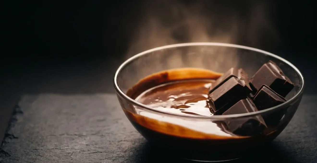 Bol de chocolat au micro-ondes avec morceaux partiellement fondus illustrant l'inertie thermique