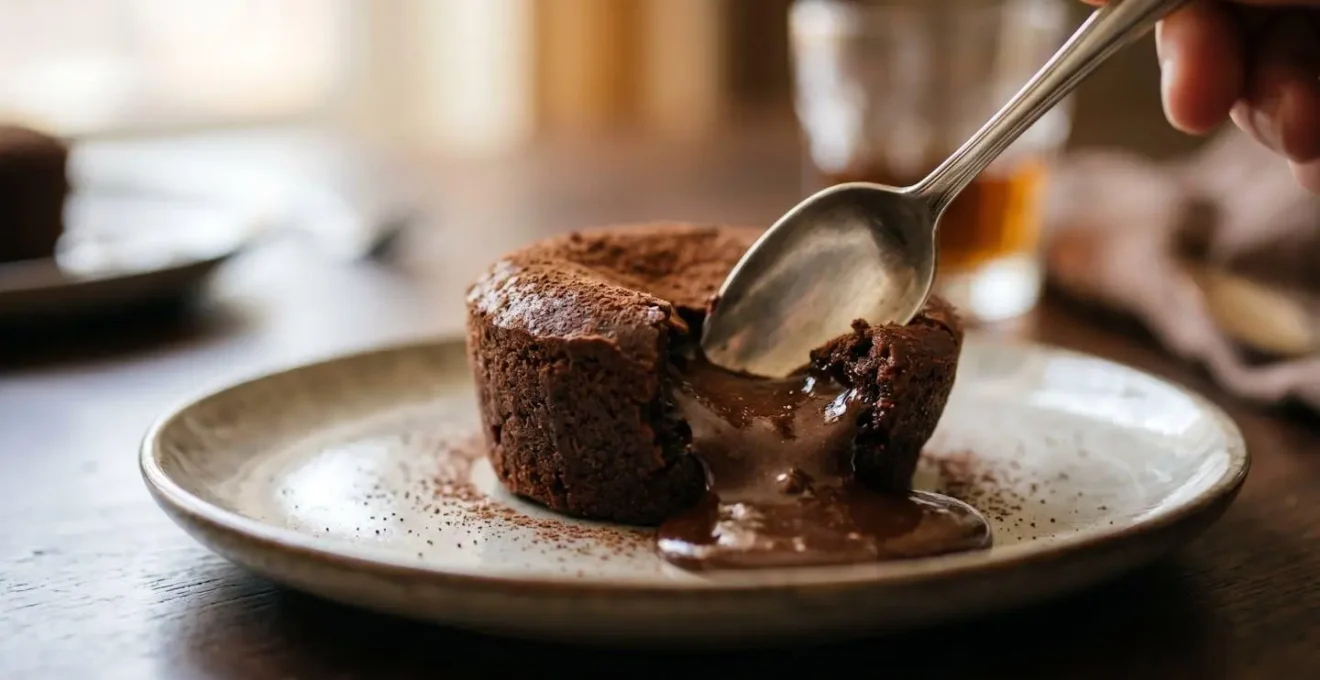Fondant au chocolat coupé révélant le contraste entre la croûte cuite et le cœur coulant liquide qui s'écoule
