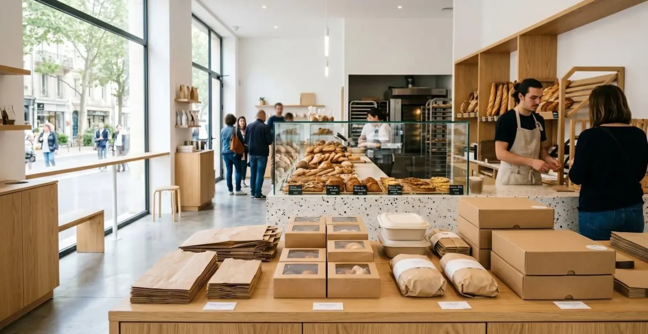Vue d'ensemble d'un comptoir de pâtisserie moderne avec divers emballages en kraft et carton disposés devant des vitrines de produits